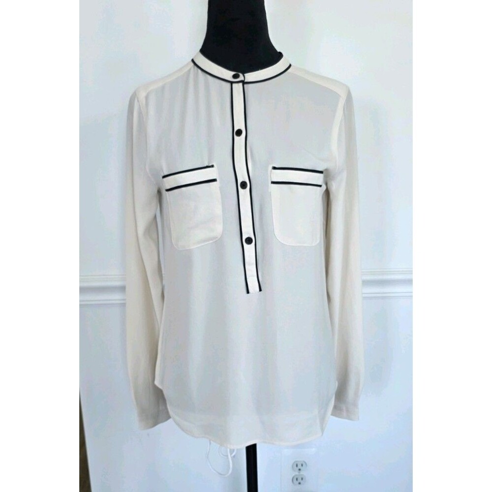 LOFT XS Ivory Blouse Black Contrast Trim Long Sleeve Tunic Top Office Classic